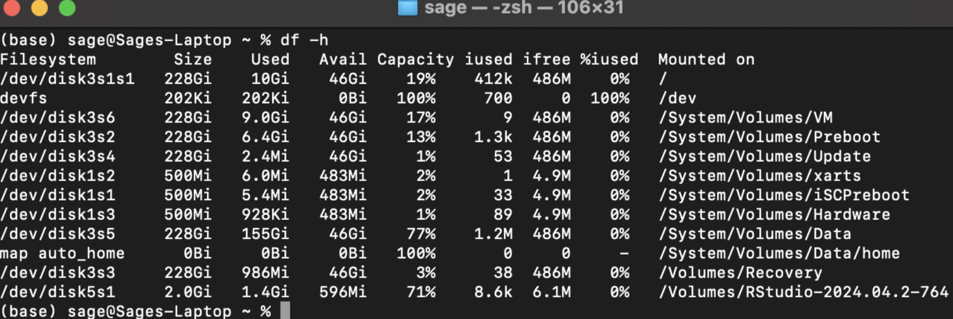 Output of the df -h command showing disk usage and available space for all mounted filesystems with values displayed in gigabytes and megabytes.