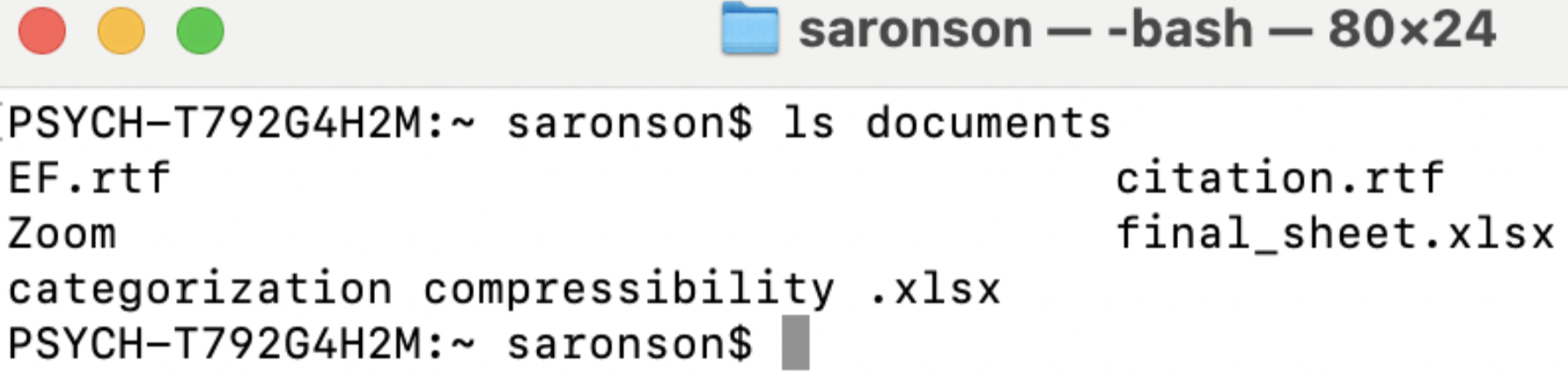 After typing ls into the terminal a list of everything in saronson’s documents folder appears