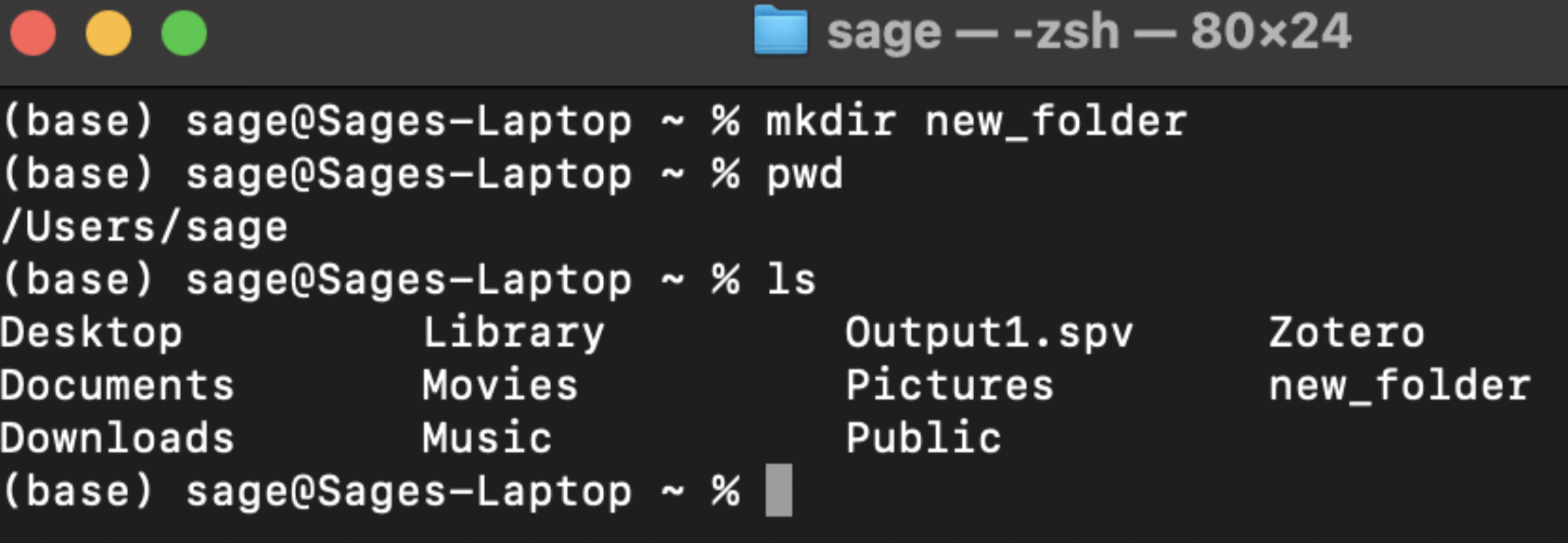 Sage created a new_folder in her home directory. She confirmed her present working directory by typing pwd. Afterward, she printed the directory contents using ls, and as shown, the new_folder appeared successfully.
