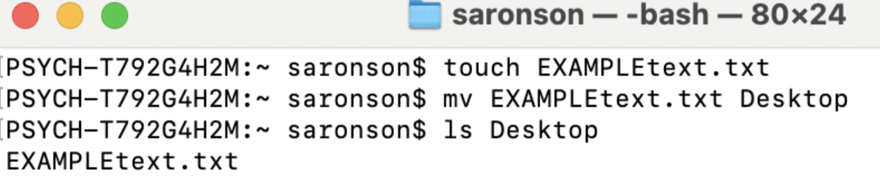 In the example above, saronson created a text file called EXAMPLEtext.txt and then moved it from her home directory to her Desktop. You can see that the file has been moved.