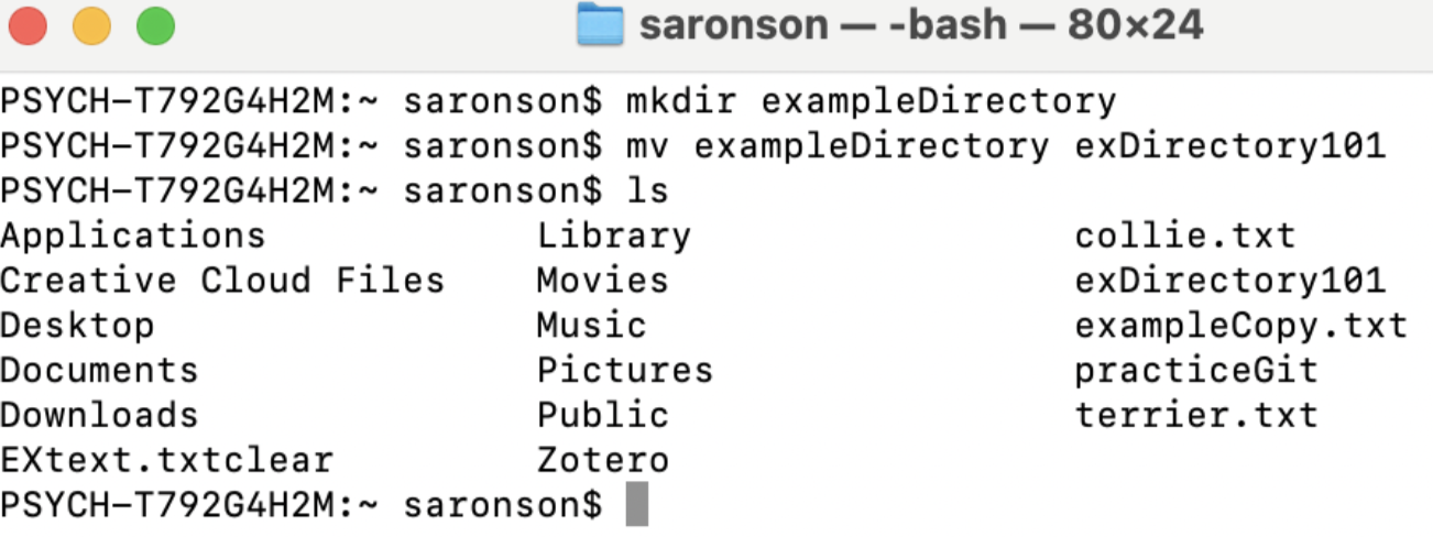 Saronson created a directory called “exampleDirectory” and then renamed the directory to be called exDirectory101. As you can see, exDirectory101 was created and appeared in the Home Directory, after saronson printed the contents using the command ls.