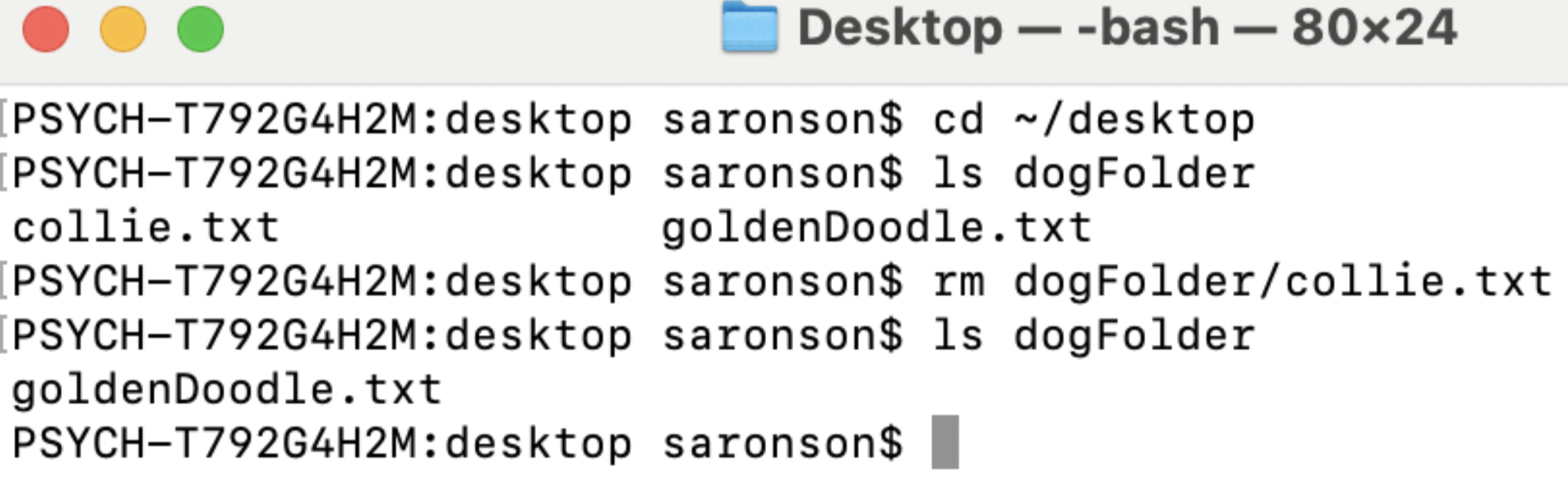 Saronson knows that dogFolder is located on her desktop. The first step she took was navigating to her desktop using the cd command. She then printed the contents of dogFolder using the ls command. Next, she used the rm command to remove the collie.txt file. Finally, she printed the contents of dogFolder again to confirm that collie.txt was successfully removed.